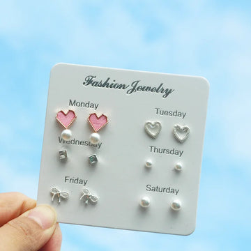 DAIIIBABYYY  -   2024 Creative Week Stud Earrings Set for Women Heart Pearl Rhinestone Earring Korean Fashion Party Jewelry Wholesale